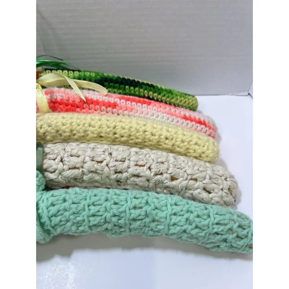 Vintage 1970s Crocheted Wood Hangers Set of 5 Green Yellow Pink Mod MCM 16.5